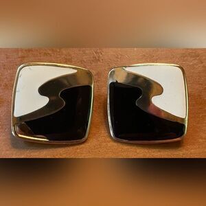 Vintage 80s Enamel Clip On Earrings Square Gold Tone Geometric Art Deco